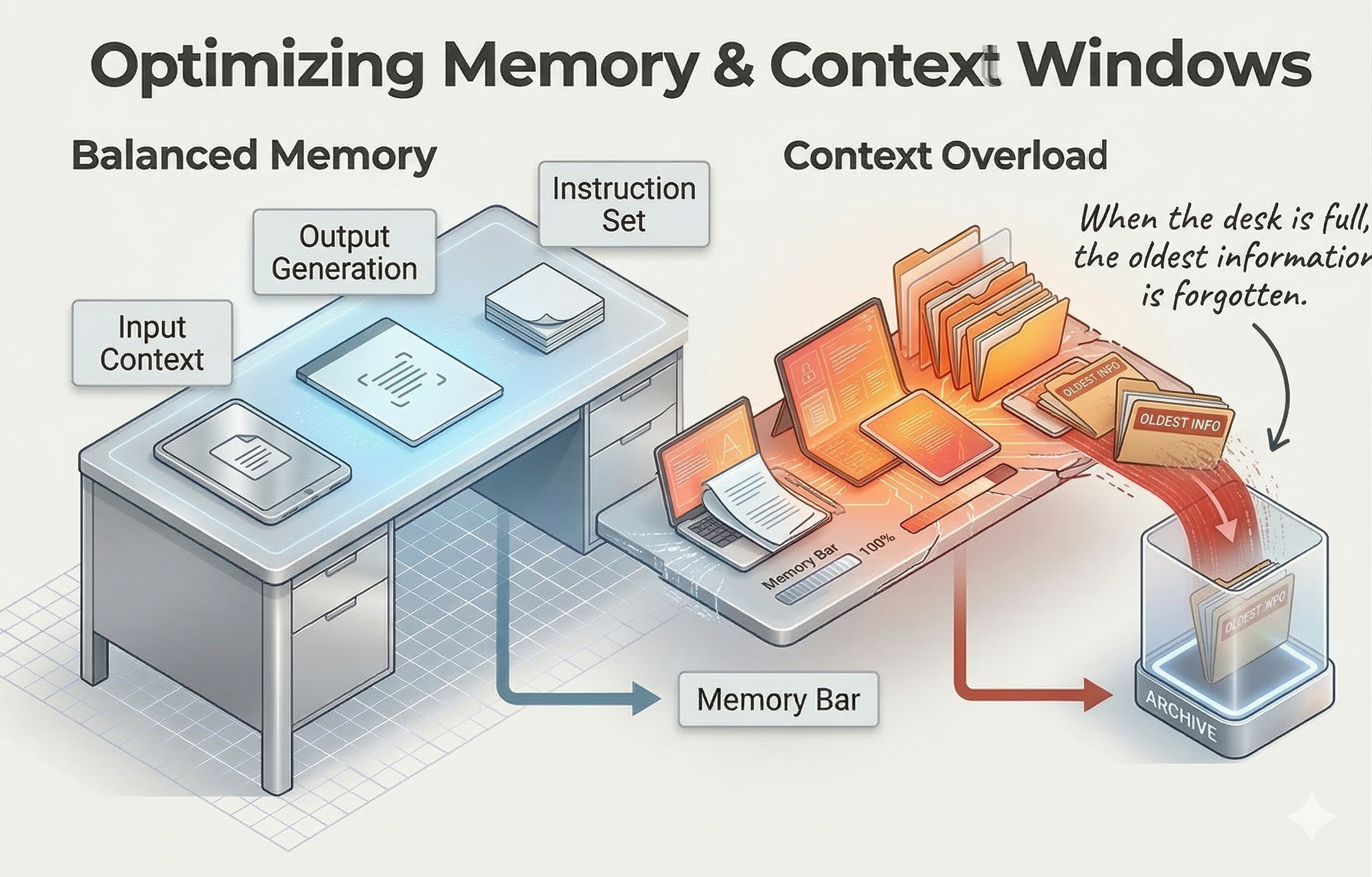 Context window illustrated as a desk: balanced memory on the left with input context, output generation, and instruction set neatly arranged, versus context overload on the right where the desk is full and oldest information falls off